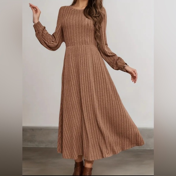 Elegant Brown Ribbed Knit Dress - Picture 3 of 7